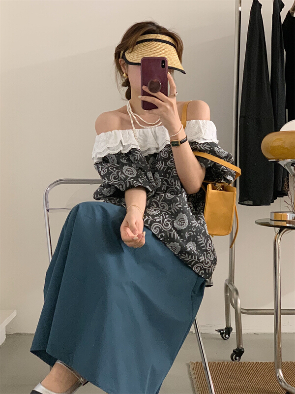 [Gu Wan] Korean version stitched lace one shoulder shirt 5673# zxx