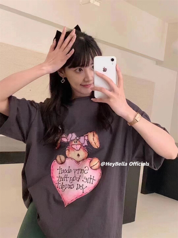 "HEY BELLA" Korean pattern printed short sleeve T-shirt 1327# LL