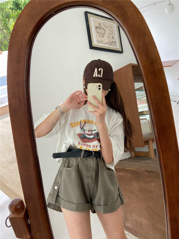 [Fifth] Korean high waist versatile denim shorts (with belt) 6102# LSW