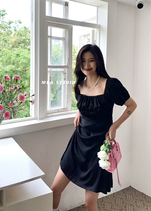 [MRA] French retro bubble sleeve waist slim dress j2306# zxl