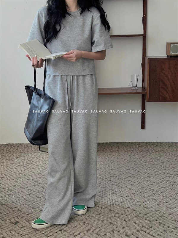 [sauvag] crew neck comfortable shirt + elastic waist loose casual pants set ys1-1030# ll