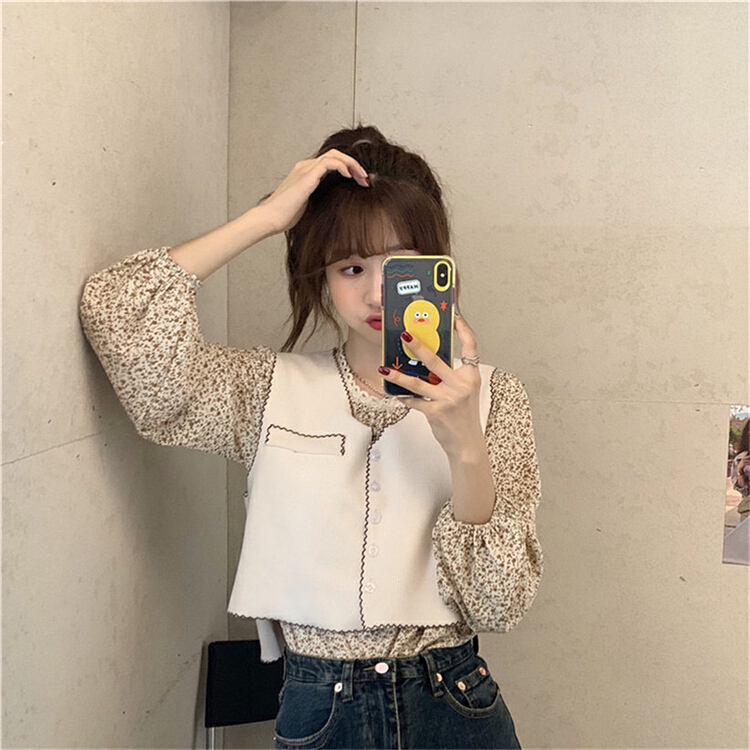 New year in early spring! [Dai Dai] single breasted sleeveless knitted cardigan + floral cardigan two piece suit 4708# L