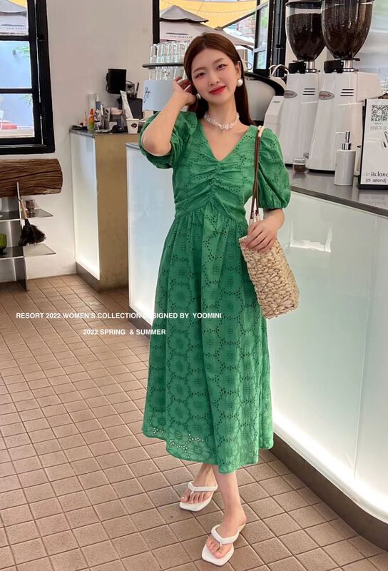 goods in stock! New in early summer! [yoomini] slim waist with embroidered hollow out dress x12718# WPL