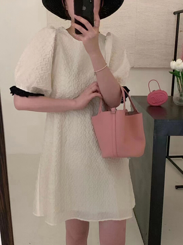 [m.zi studio] elegant temperament contrast color bubble sleeve dress 6963# HBx