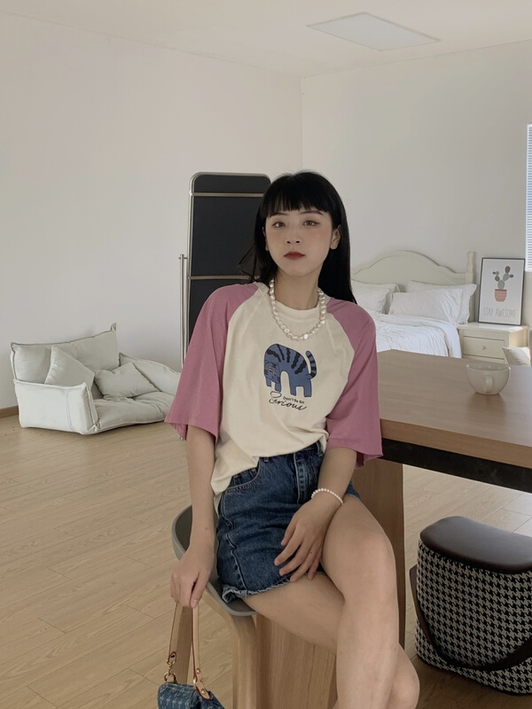 [meet + studio] loose color block print Raglan short sleeve T-shirt 52528# LSL