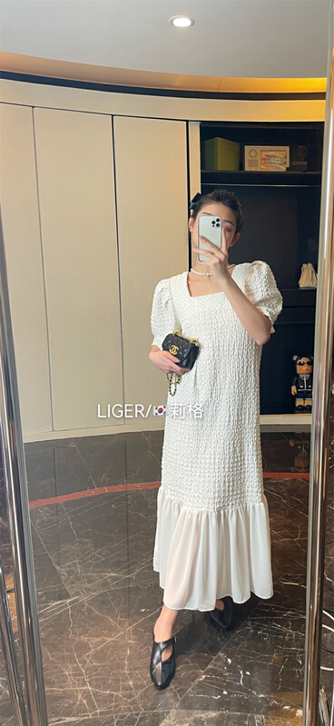 初夏上新!【LIGER】法式方領泡泡袖長款收腰連衣裙  1454#  WPL