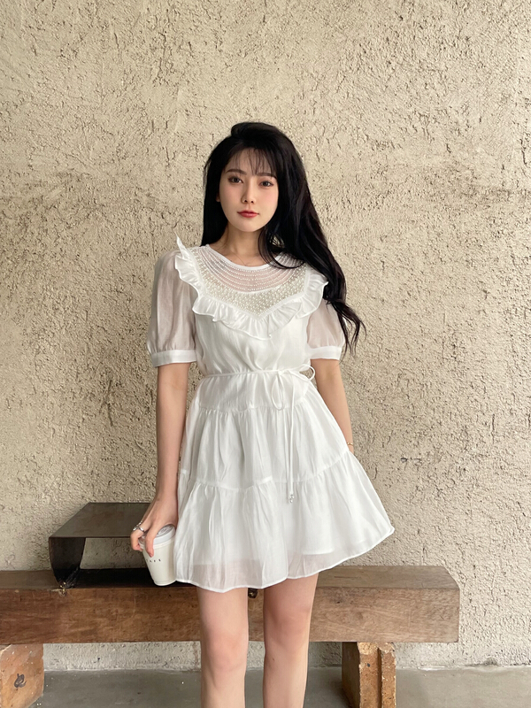 New in early summer! [mi2] girlish ruffled waist closing dress (with waist rope) a3214-1# JJ