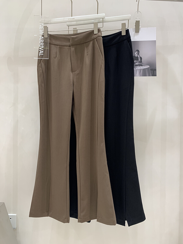 [style] short suede, simple and generous, front split, medium high waist, slightly flared trousers 8651# JJ