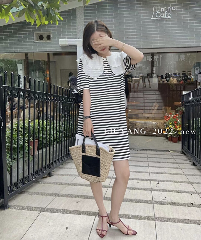 New in early summer! [liu-y] lace tie buckle stripe dress 18256# XJ