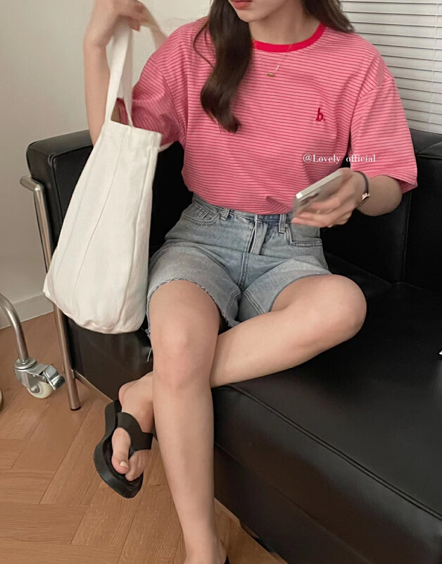 New in early summer! [love] crew neck contrast letter B embroidered short sleeve T-shirt z0838# HBx