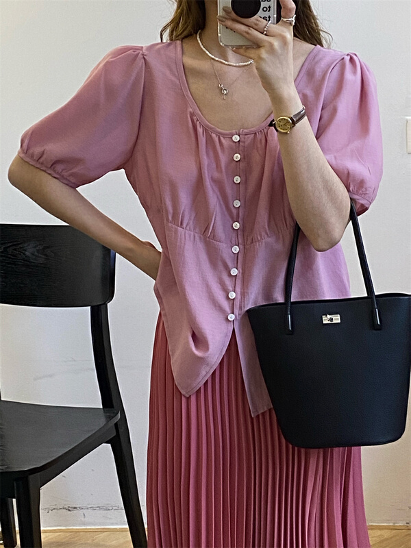 goods in stock! [tototellme] crew neck short single breasted blouse 20333# XYY