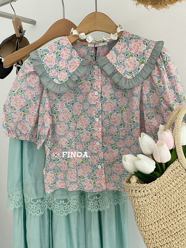 [finoa] Korean casual doll collar contrast floral shirt 10470# CLS