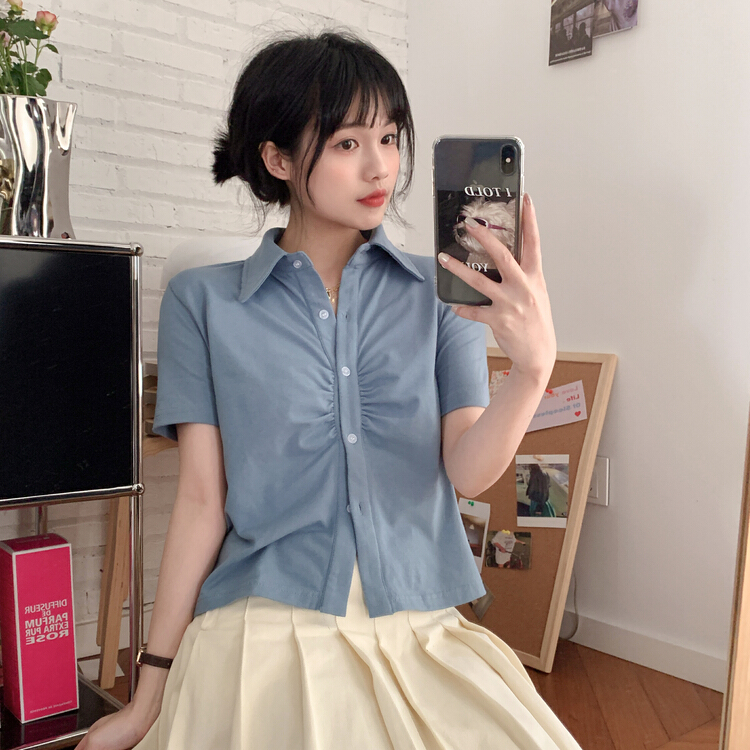 New in early summer! [free Valley] Korean simple single breasted short sleeve T-shirt 4688# LSW