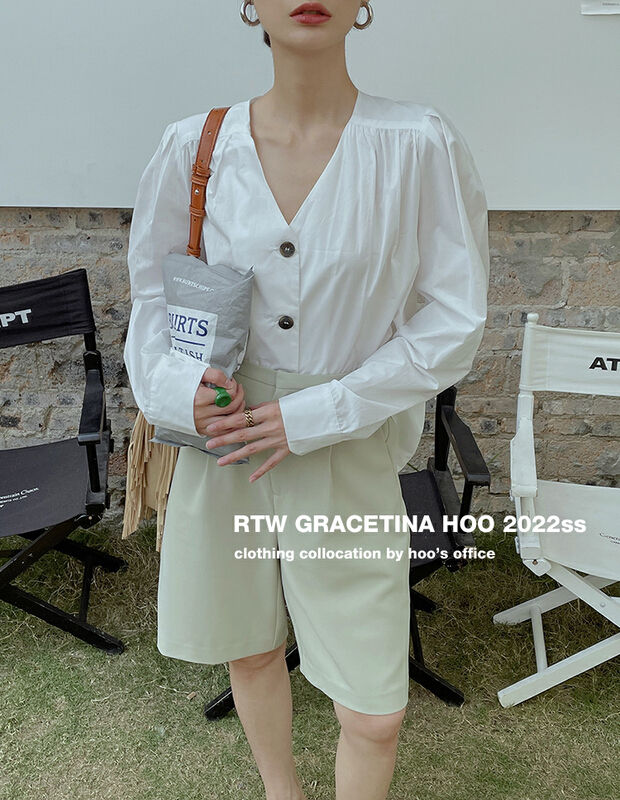 Original price 84.90! New year in early spring! [gracetina Hoo] simple design V-neck chic shirt cs561-1# zxl
