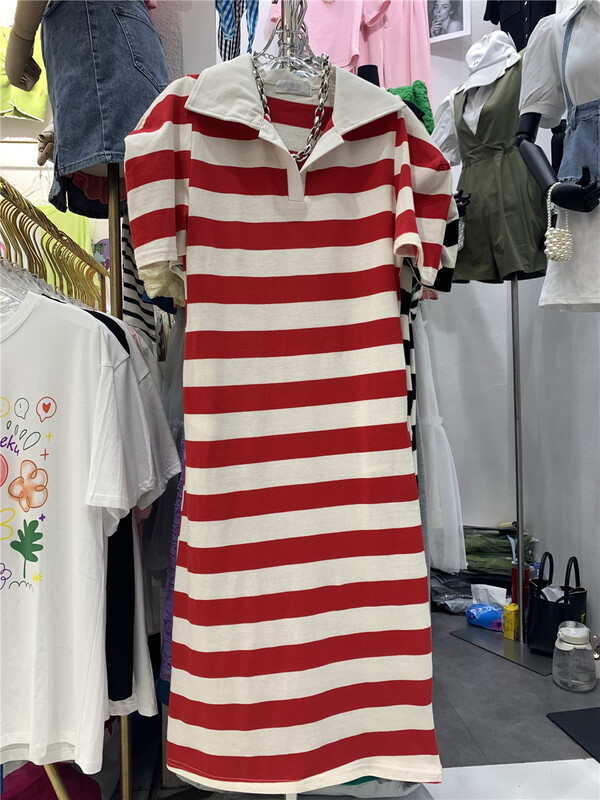 [xiaocaimiao] Korean version bubble sleeve stripe polo collar dress 8372# lwy