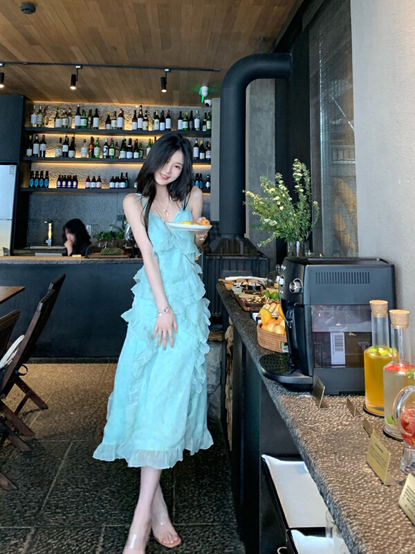 [L.L studio] floral ruffled slit suspender dress 7648# PCZ