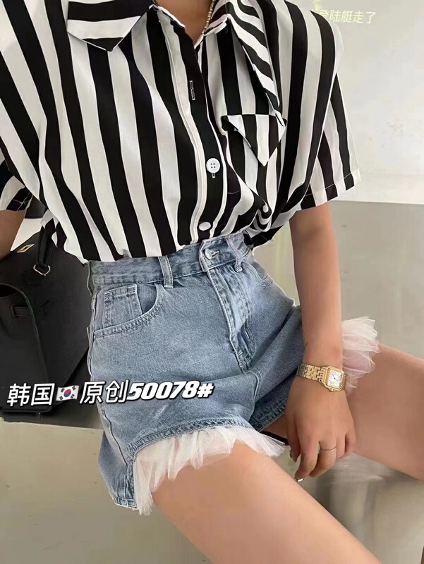 [Nobody] Korean version of slim, gauze edge fashion denim shorts 50078# L
