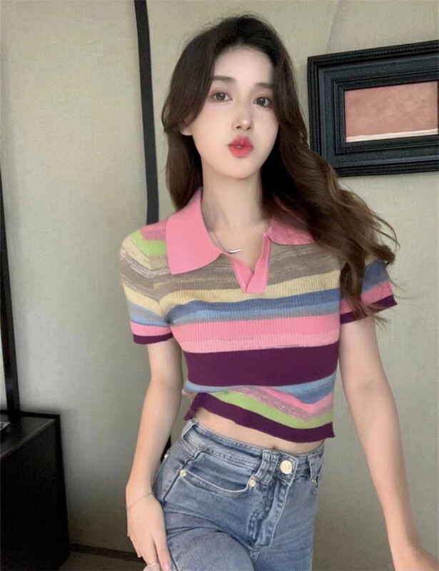 [dl. Am] Korean fashion color stripe polo collar short sleeve sweater 80176# WPL
