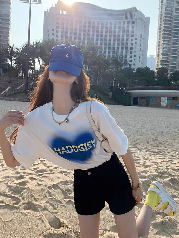 [by] letter printed slim short sleeve T-shirt + high waist Denim Shorts Set 7193# Cl