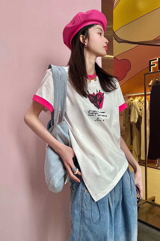 [YT] irregular color contrast fashion short sleeve T-shirt t51284# PCZ
