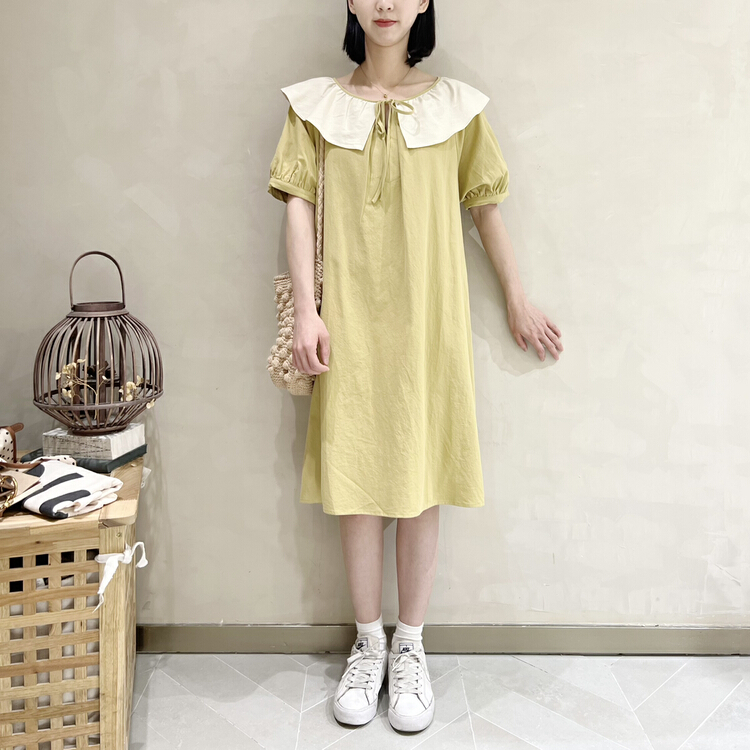 [I look] contrast color lotus leaf collar loose bubble sleeve dress 12063# zjy