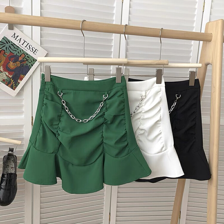 New in early summer! [Gangan] high waist pleated solid A-line skirt (with chain) 1212# Cl