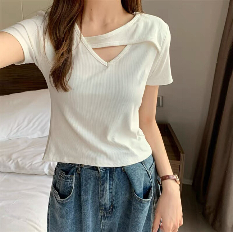 New in early summer! [blue show] careful machine hollowed out solid color short sleeve T-shirt 0956# LSW