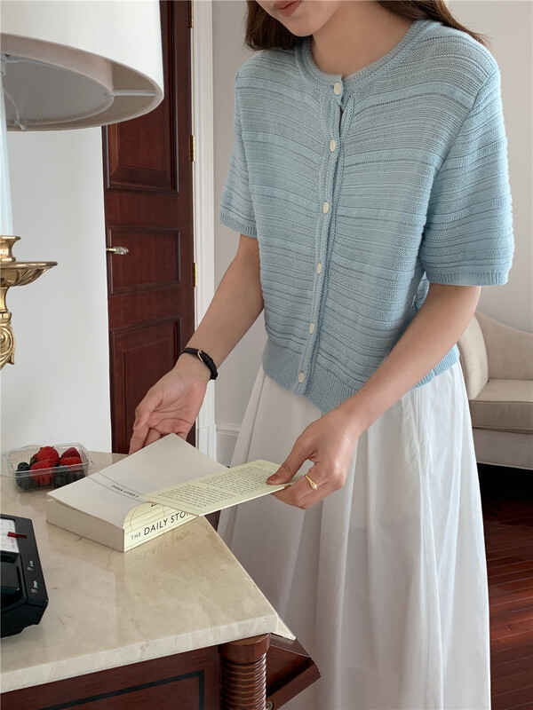 [feeding] solid color versatile short sleeved knitted cardigan ys2-618# cqw