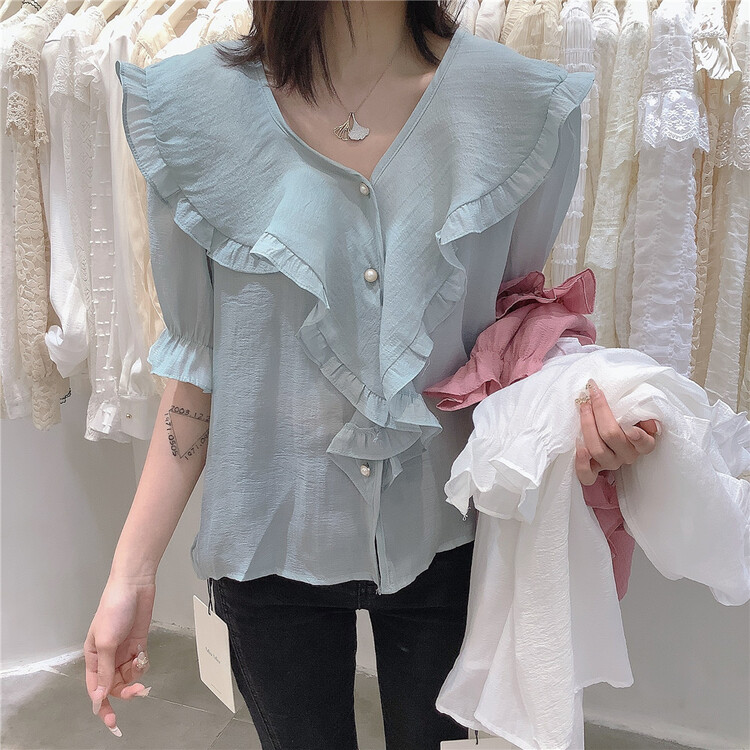 New in early summer! [MiuMiu] gentle wind lotus leaf edge short shirt 2658# zxx