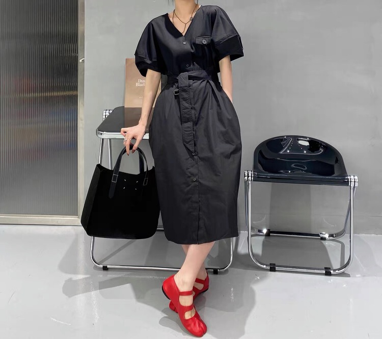 [yayirou] simple, loose and thin V-neck dress (with belt) ys1-8068# zyh