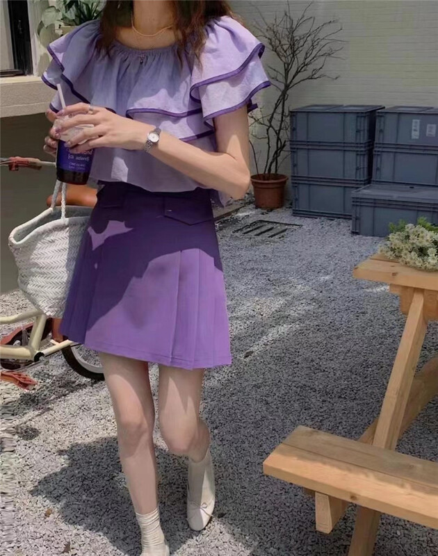 [Han C family] contrast Tencel off shoulder shirt + pleated skirt suit 9411\pcz