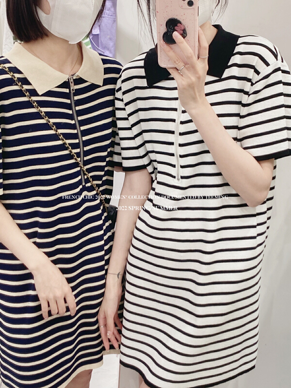 【TEEM ING】韓版簡約拉鏈條紋polo連衣裙  22T239#  HJY
