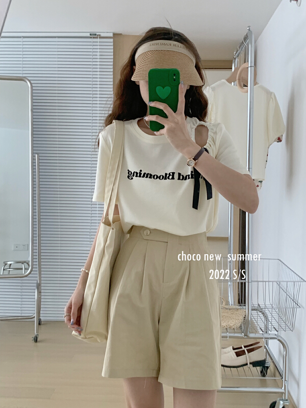 [choco] Korean letter hollowed out short sleeve T-shirt 8262# HBx