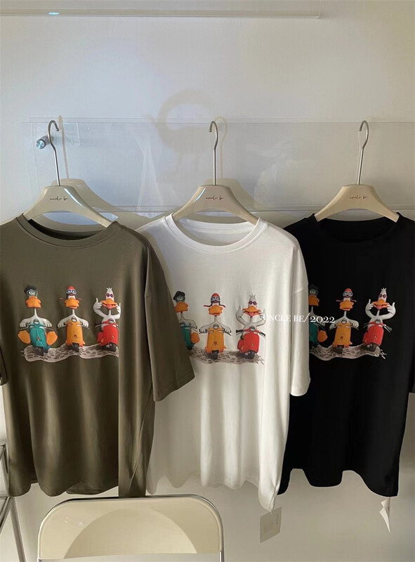 [UNC be] Korean loose motorcycle duck print short sleeve T-shirt 2090# XYY