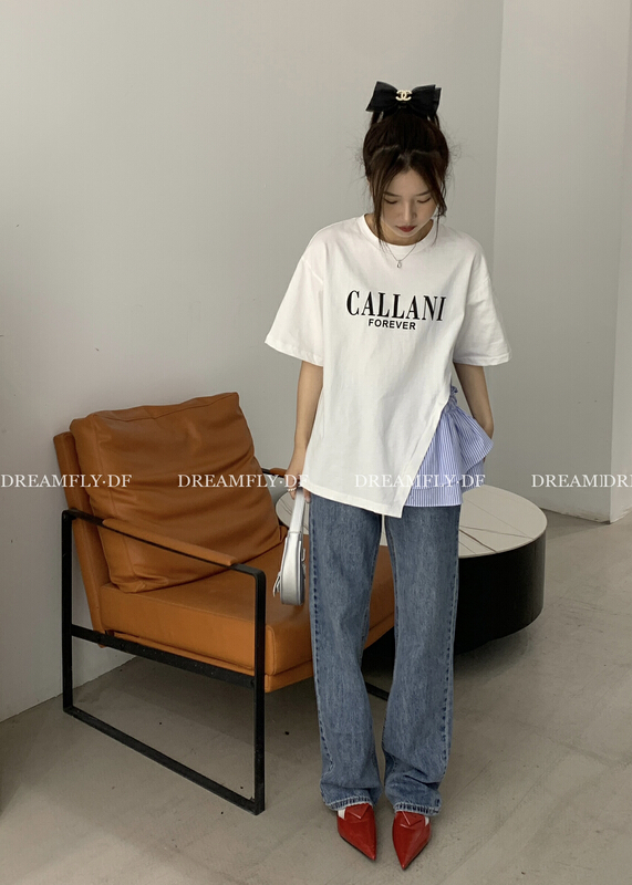 [dream fly] simple and versatile letter splicing fake two short sleeve T-shirt 61206# XJ