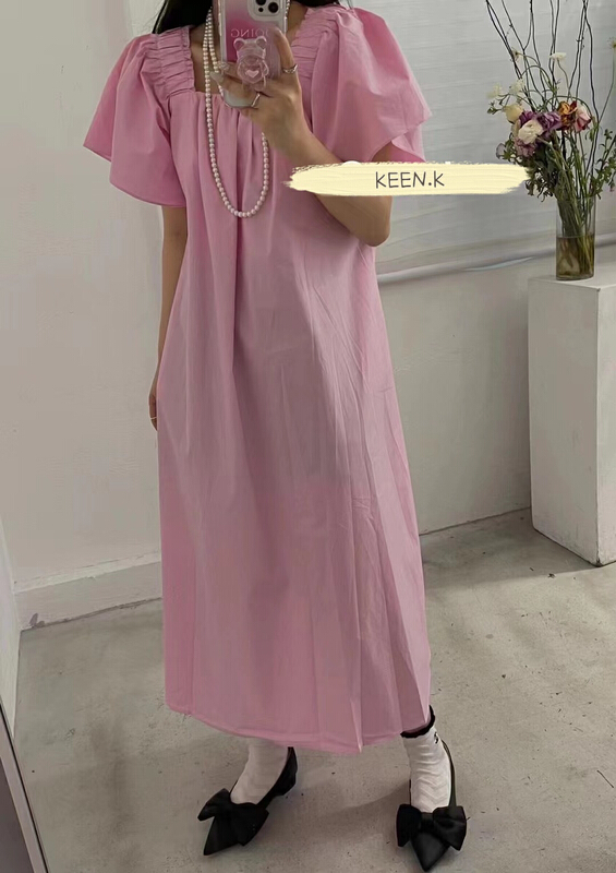 [keen k] French large flying sleeve square neck dress l60# WTT