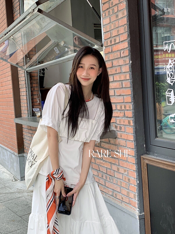 [rare she] solid color bubble sleeve short sleeve T-shirt + solid color small T-shirt outside two-piece suit 5217# LSW