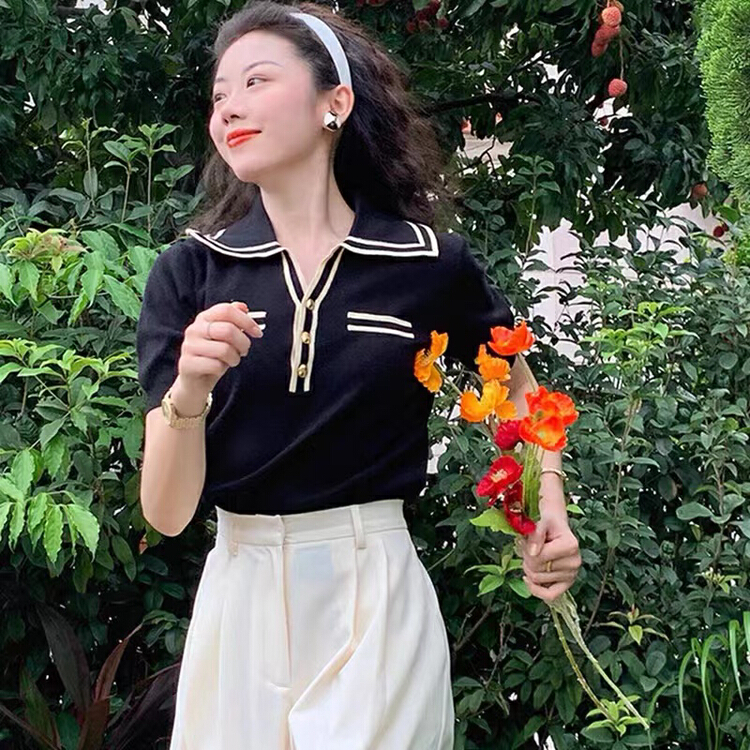 New in early summer! [are studio] simple and versatile Lapel color blocking T-shirt 81036# WPL