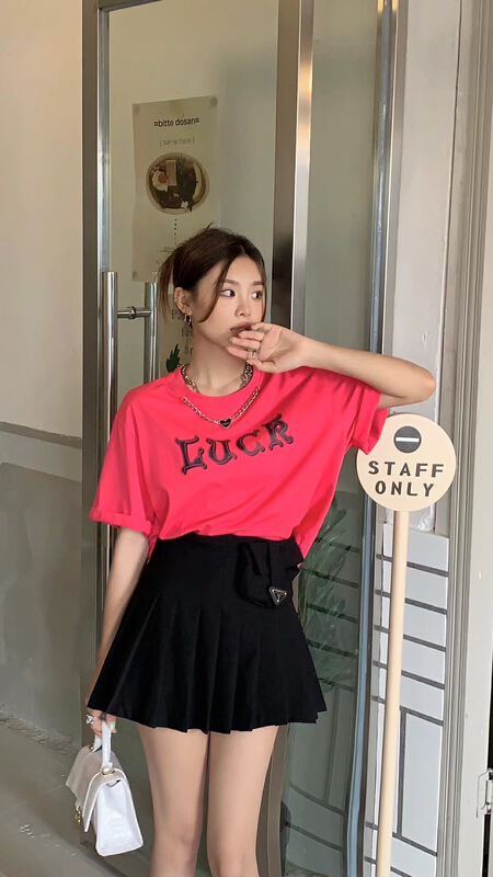 New in early summer! [qixuaner] love chain letter printed short sleeve T-shirt 2650# LSW