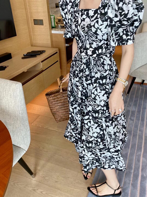[the most] square neck floral bubble sleeve dress 8862# HBx