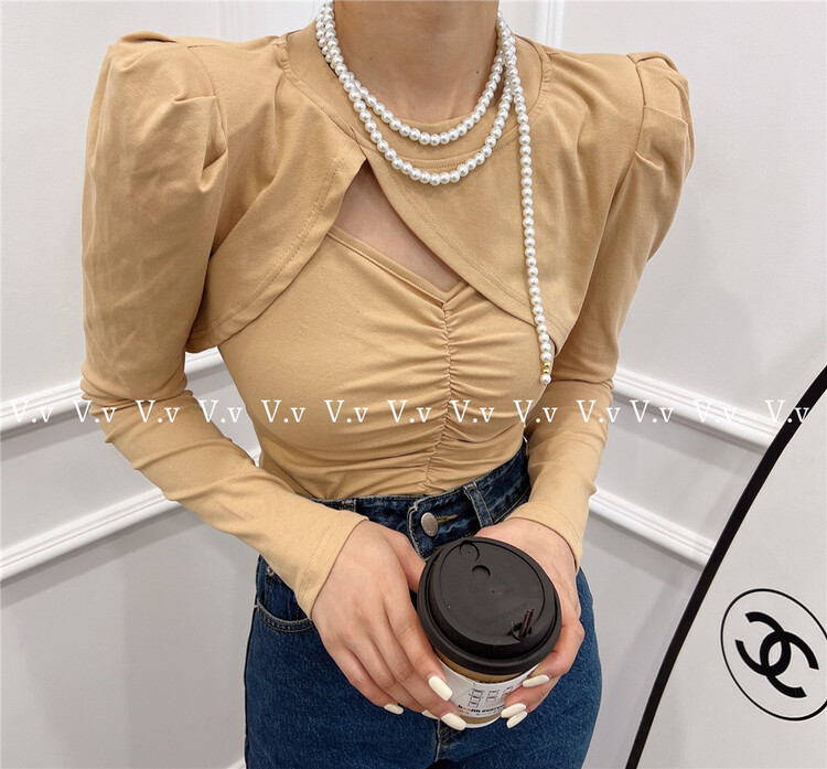 goods in stock! [v.v] solid color with short blouse + pleated suspender vest two-piece suit 7016# cqw