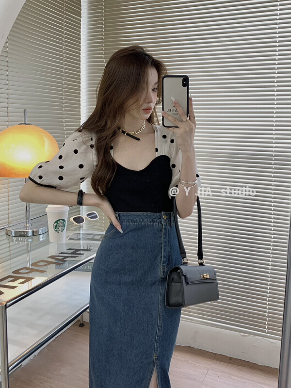 [y.jia Yijia] Polka Dot stitched blouse + slim skirt two-piece suit 6781# PCZ