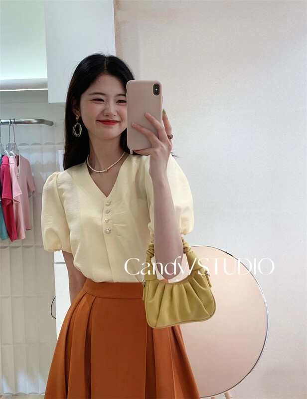 [candy] Korean sweet bubble sleeve button up blouse a3165# ZSY