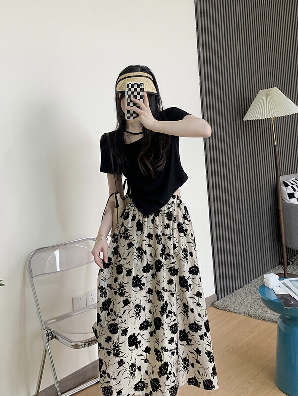 [JH] net red irregular short sleeve + flower skirt suit (only suit) 41523# PCZ