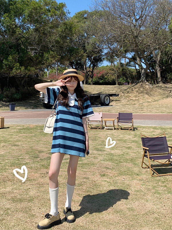 New in early summer! [wgwe] college style blue stripe dress 1528# PCZ