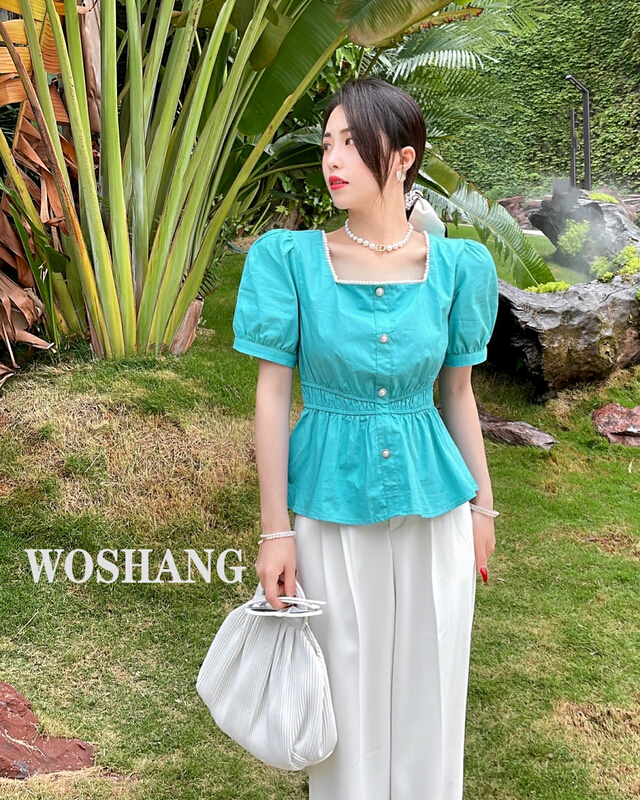 [woshang] bubble sleeve square neck western style small shirt 5852# XYJ