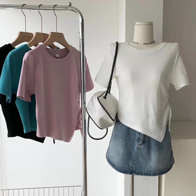 [kakajia] casual hem irregular split drawstring round neck slim fit short sleeve T-shirt 2097# ozq