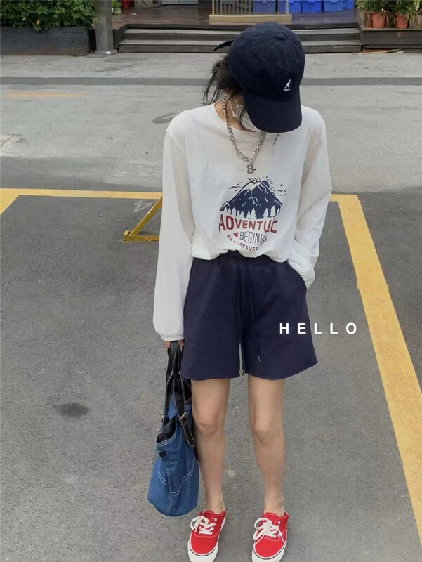 [Hello] Korean round neck loose long sleeve + versatile basic comfortable casual Shorts Set 9789# XYY