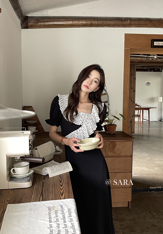 [Sara] French elegant wave point diagonal collar design, waist closing and thin dress 16990# lwy