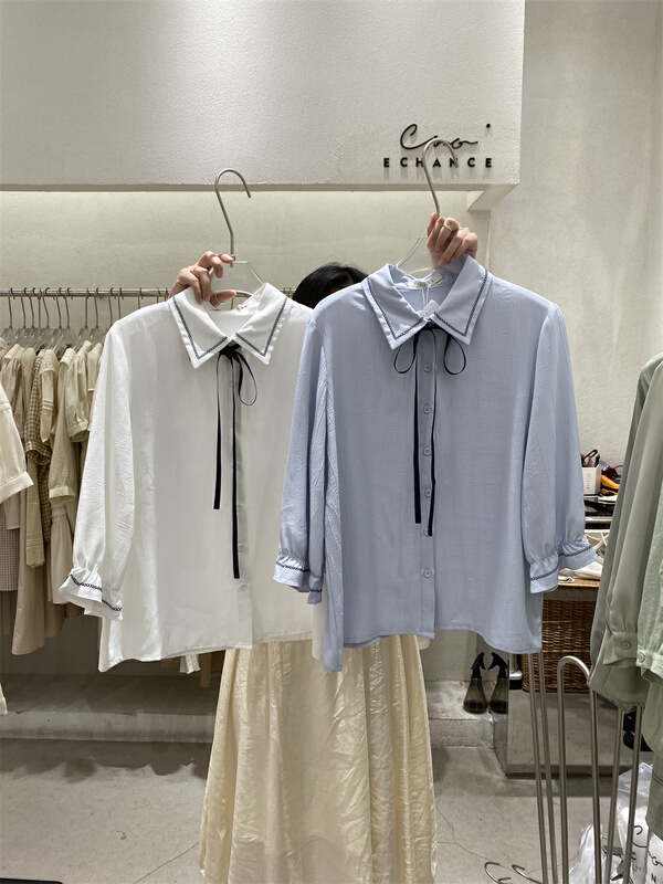 New in early summer! [echance] Korean simple casual shirt (with detachable ribbon) 3806# lwy
